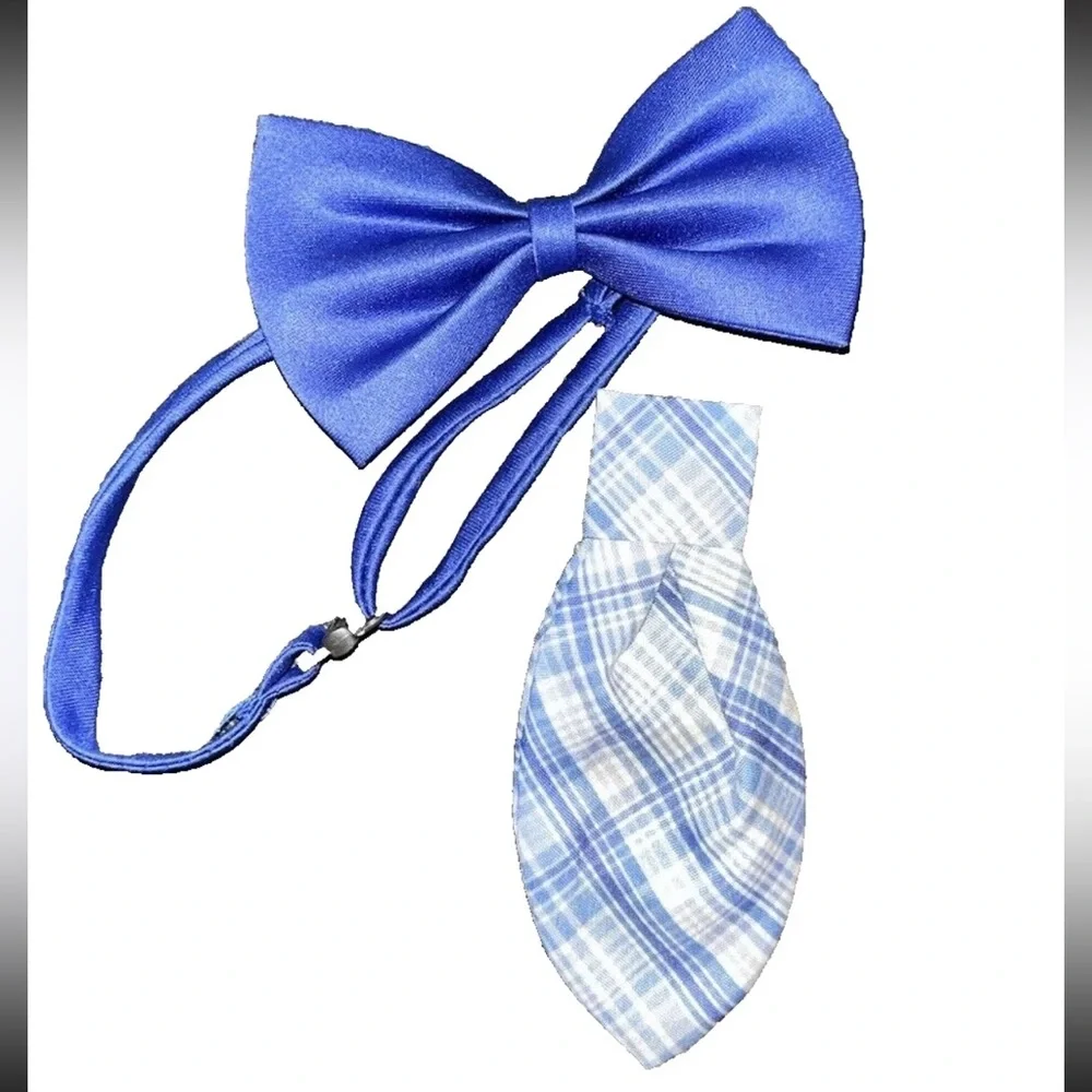 Dog Bow Tie Collar & Tie Adjustable Blue Plaid SMALL